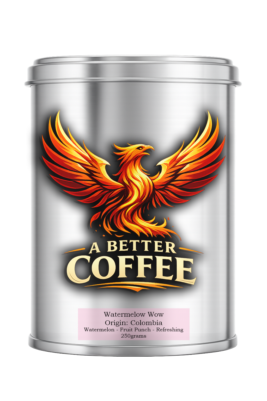 Silver canister of 'A Better Coffee' with a phoenix design on a white background