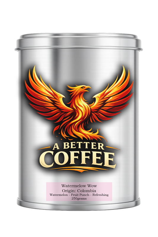 Silver canister of 'A Better Coffee' with a phoenix design on a white background